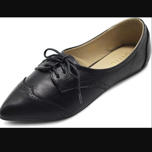 Ollio Ballet Shoe 9.5 Flat Enamel Pointed Toe Lace Up Oxford US Black - Picture 1 of 9